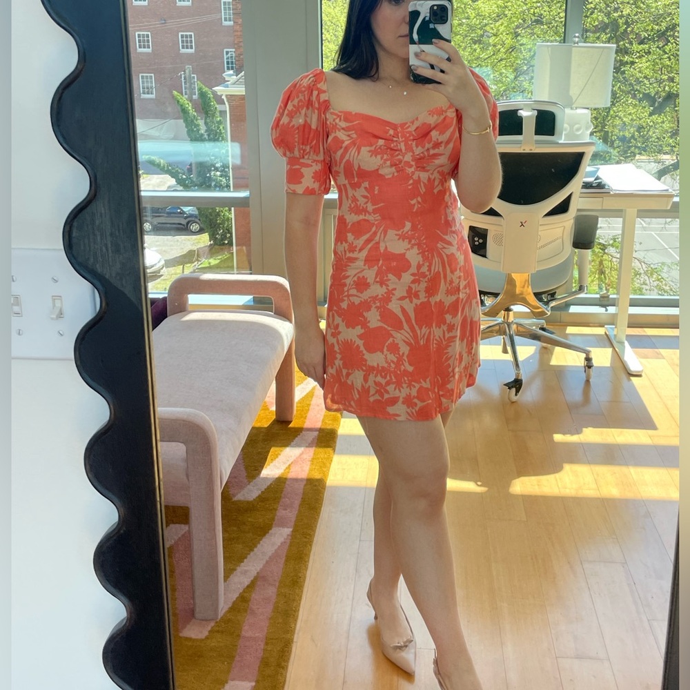 Alexis Floral Puff-Sleeve Mini Dress in Coral